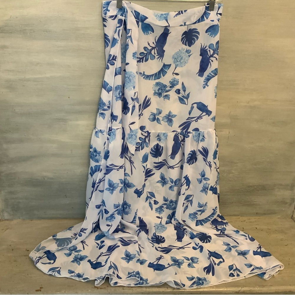 Blue White Birds Flowers Palms Sheer Tie Wrap Cover Up Skirt Dress 4XL Like New